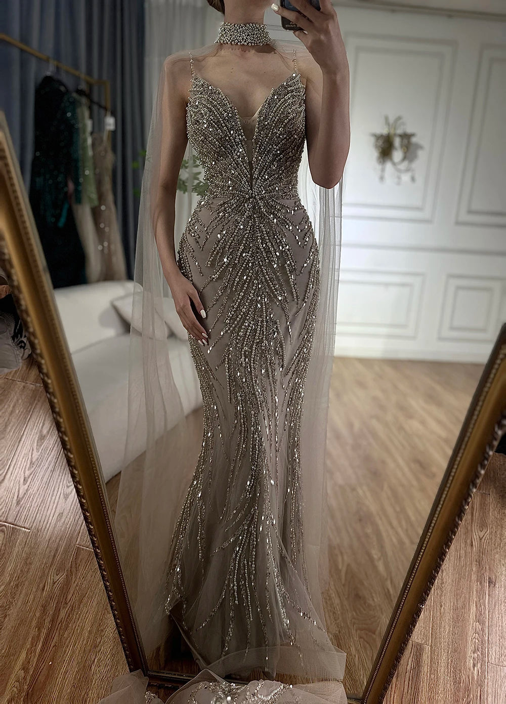 Serene Hill Spaghetti Strap Long Cloak Mermaid Caramel Beaded  Luxury Evening Dresses Gowns for Women's Party 2024 LA72768