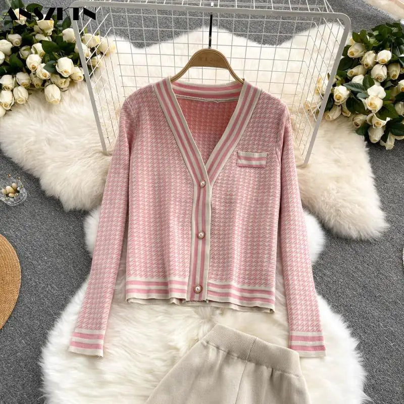 ANSZKTN Ladies Knitted Cardigan Top Wide Leg Trousers Clothing Fall Winter 2 Piece Sets For Women