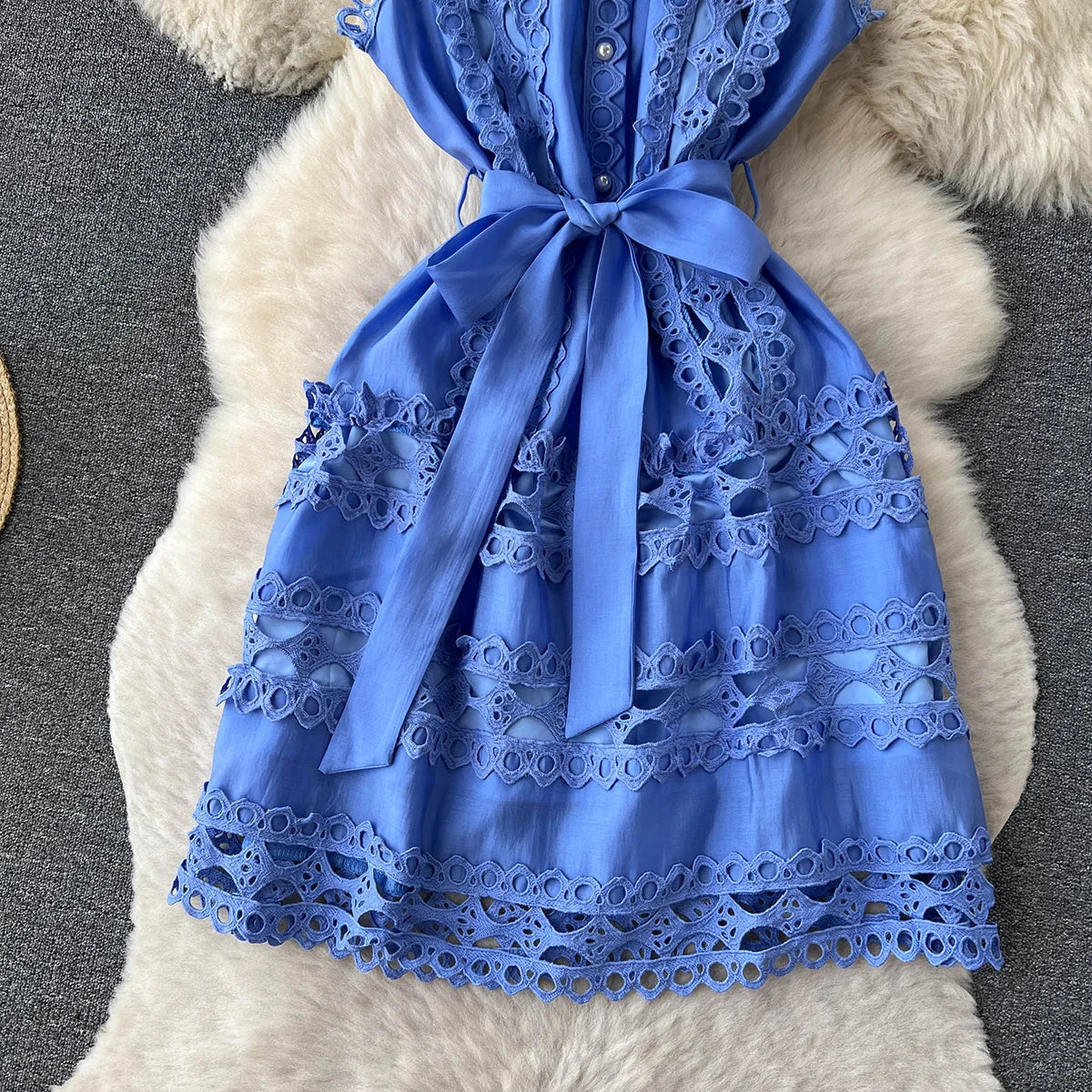 Summer Clothes Dresses For Women 2023 Elegant Vintage Embroidery Lace Dress Sleeveless Stand Neck Button Up Mini Dress With Belt