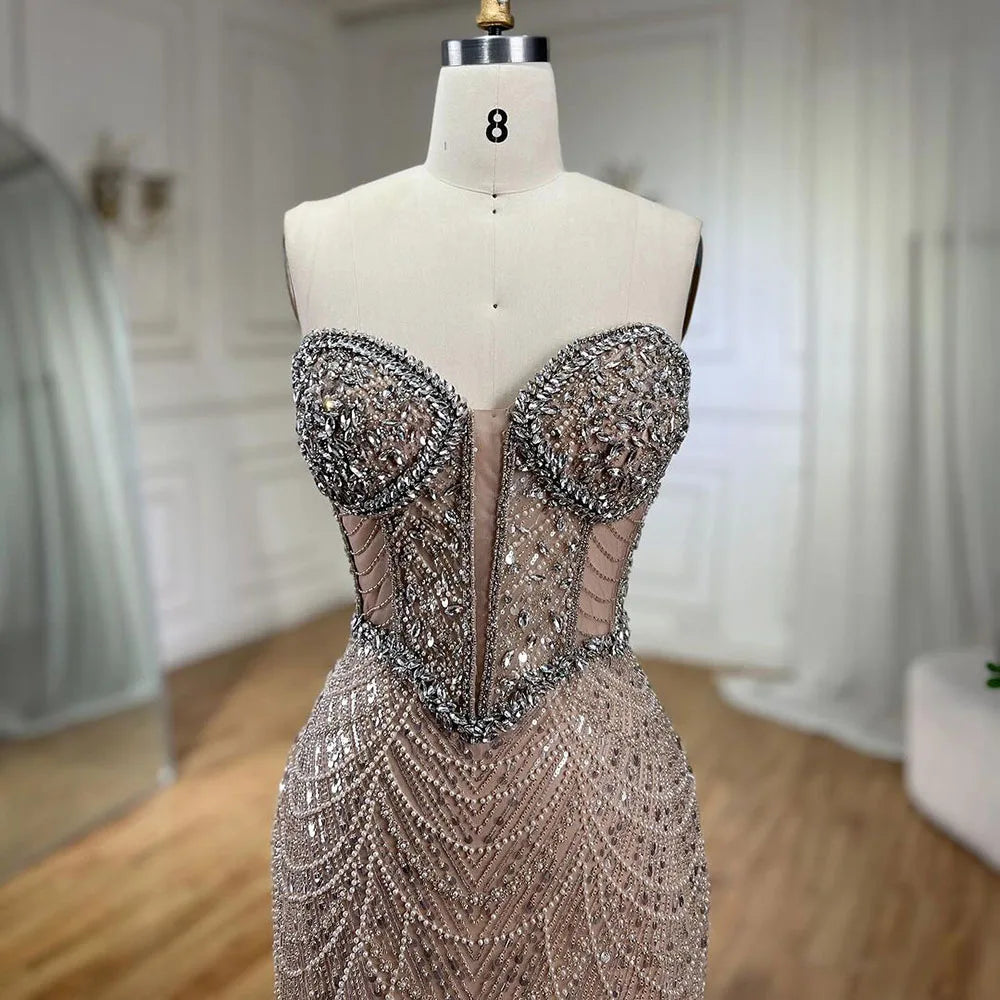 Serene Hill Nude Strapless Mermaid Luxury Evening Dresses Gowns And Beaded Design Arabic 2024 For Women Wedding Party LA72249