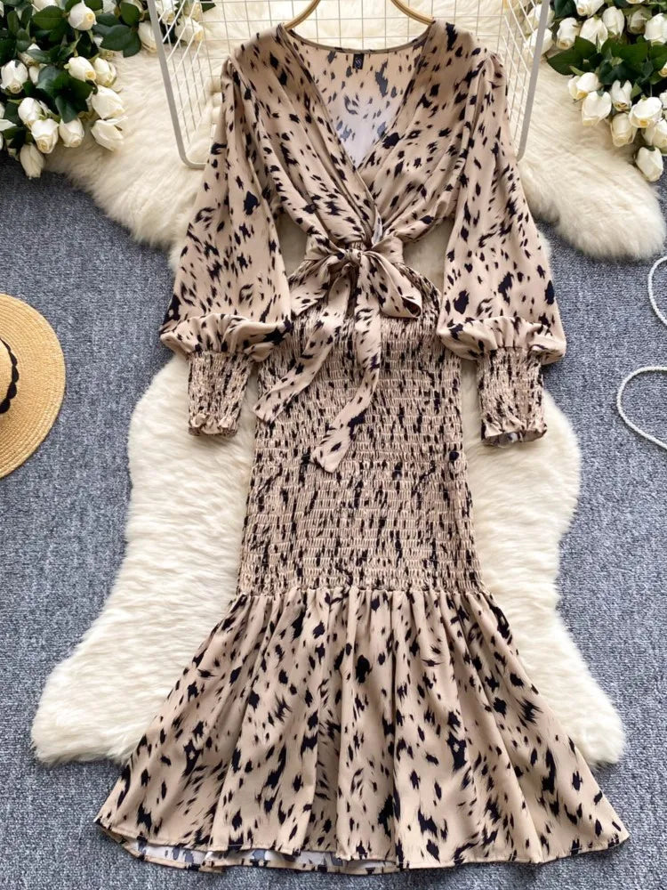 Women Casual Vintage Print Ruffle Long Dress Autumn Elegant V Neck Lantern Sleeve Party Mermaid Dresses Holiday Female Mujer New