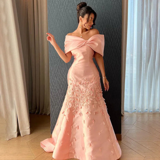 Serene Hill 2024 Luxury Saudi Arabia Off Shoulder Mermaid Peach Satin Luxury Women Evening Dress For Formal Occasions GLA72483
