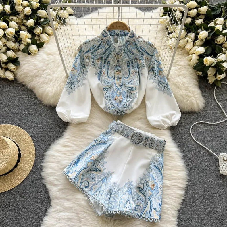 Spring Summer Retro Print Two Piece Set Women Lantern Sleeves Standing Neck Blouse Top+High Waist Wide Leg Shorts Elegant Suits