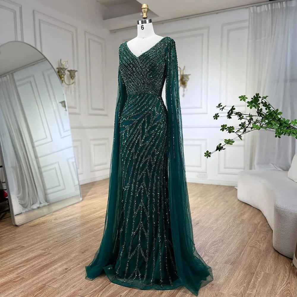 SERENE HILL 2024 Arabic Dubai Caramel Mermaid Luxury Beaded Evening Dresses Cape Sleeves Gowns For Women Wedding Party GLA71493A