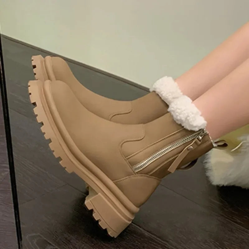 Women Thickened Plush Cotton Boots Womens Snow Shoes Autumn Winter Solid Color Shoes 2024 Side Zipper Low-heel Wool Short Boots