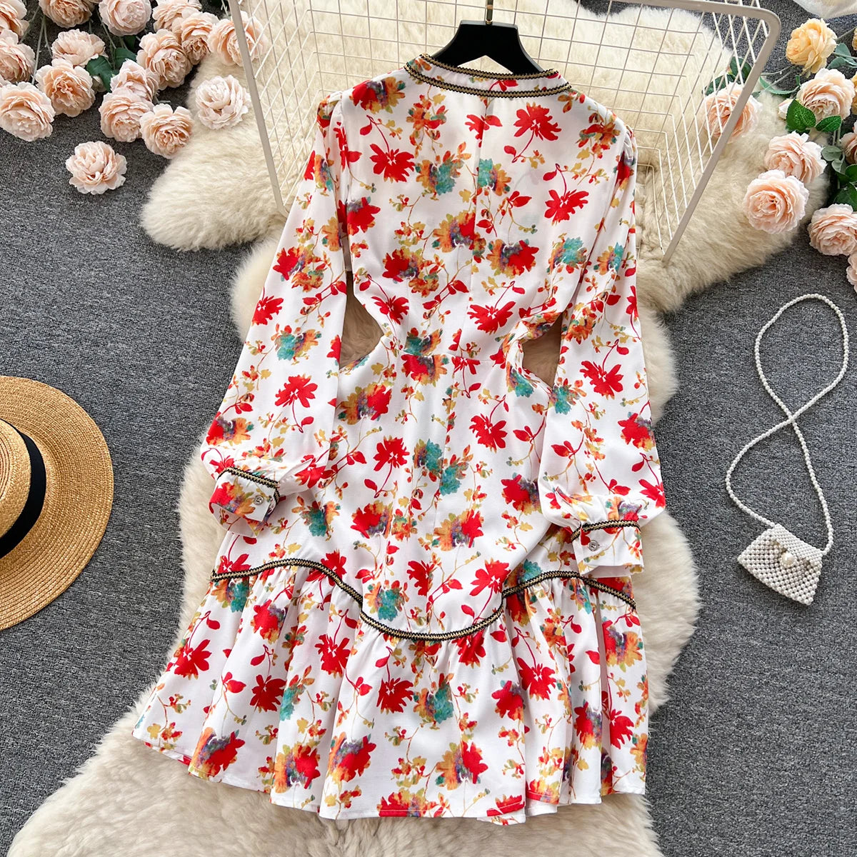 Elegant Dresses For Women 2023 New In Contrast Trim Vintage Floral Print Dress V Neck Long Sleeve Ruffle Hem Vacation Mini Dress