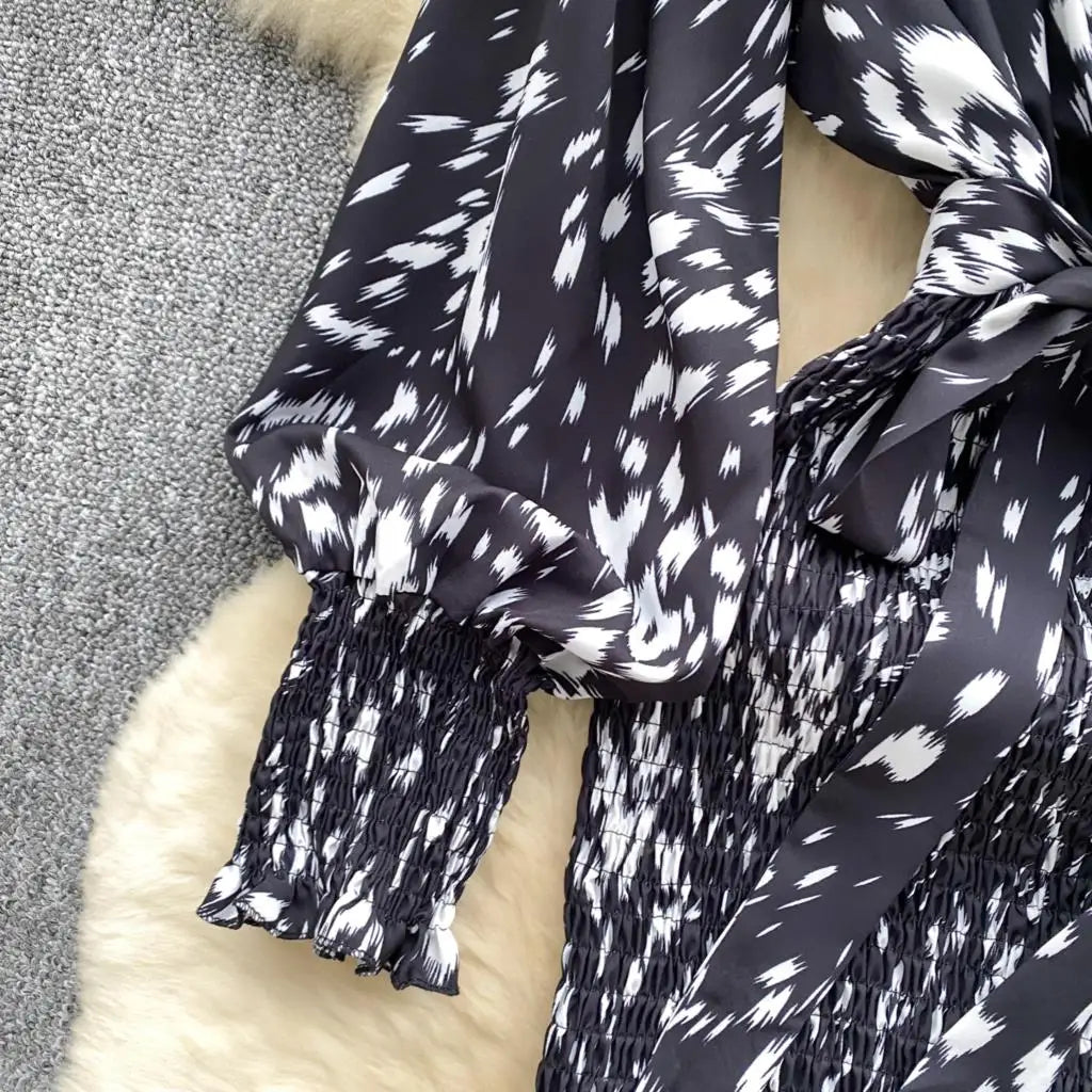 Women Casual Vintage Print Ruffle Long Dress Autumn Elegant V Neck Lantern Sleeve Party Mermaid Dresses Holiday Female Mujer New