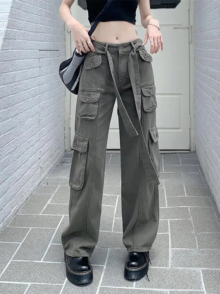 Women's High Waist Cargo Pants with Lace Belt Street Multi Pocket Straight Leg Casual Trousers Spring Autumn New Y2K Vintage