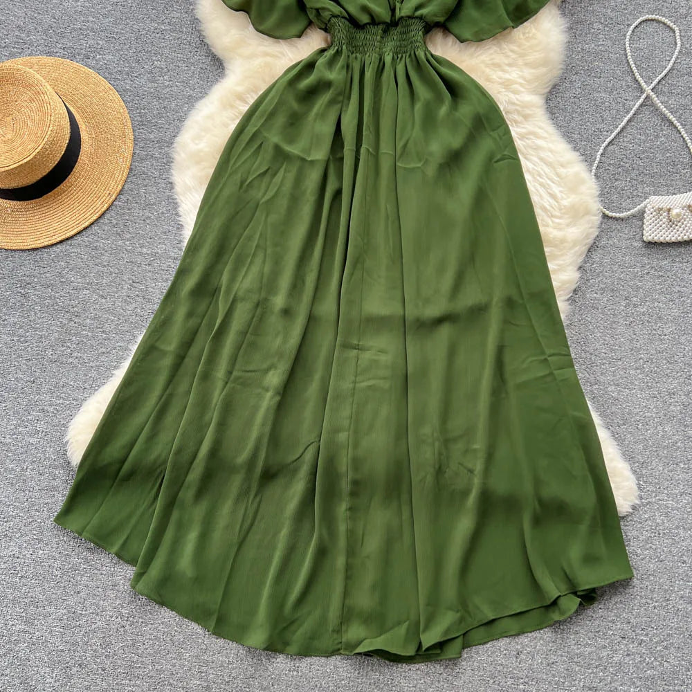 Vintage Elegant V-neck chiffon Dress A-line Fashion Beach Spring Summer Vestidos Women Bandage Sweet dresses
