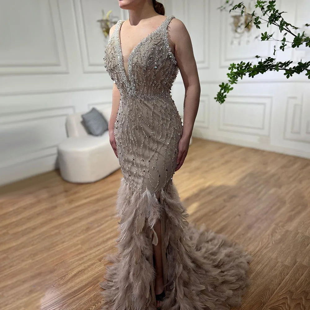 Serene Hill Pink Mermaid High Split Luxury Evening Dresses Feather Beaded Gowns Long 2024 For Women Wedding Party LA72152