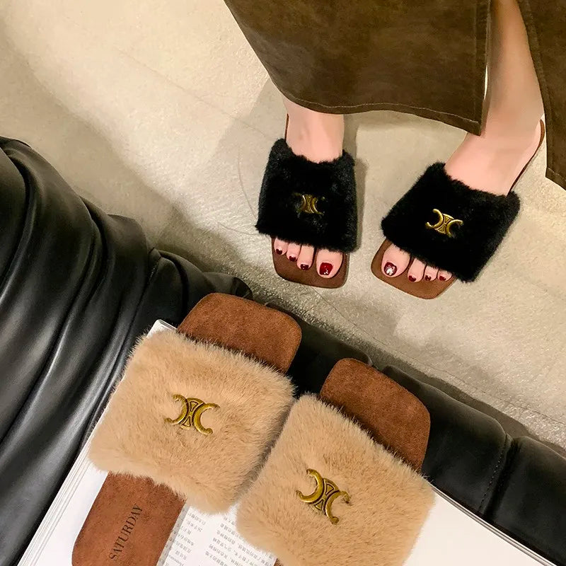 2024 Hot Sale Women's Shoes Open Toe Women's Slippers Warm Casual Slippers Women Square Toe Flat with  Shoes for Women