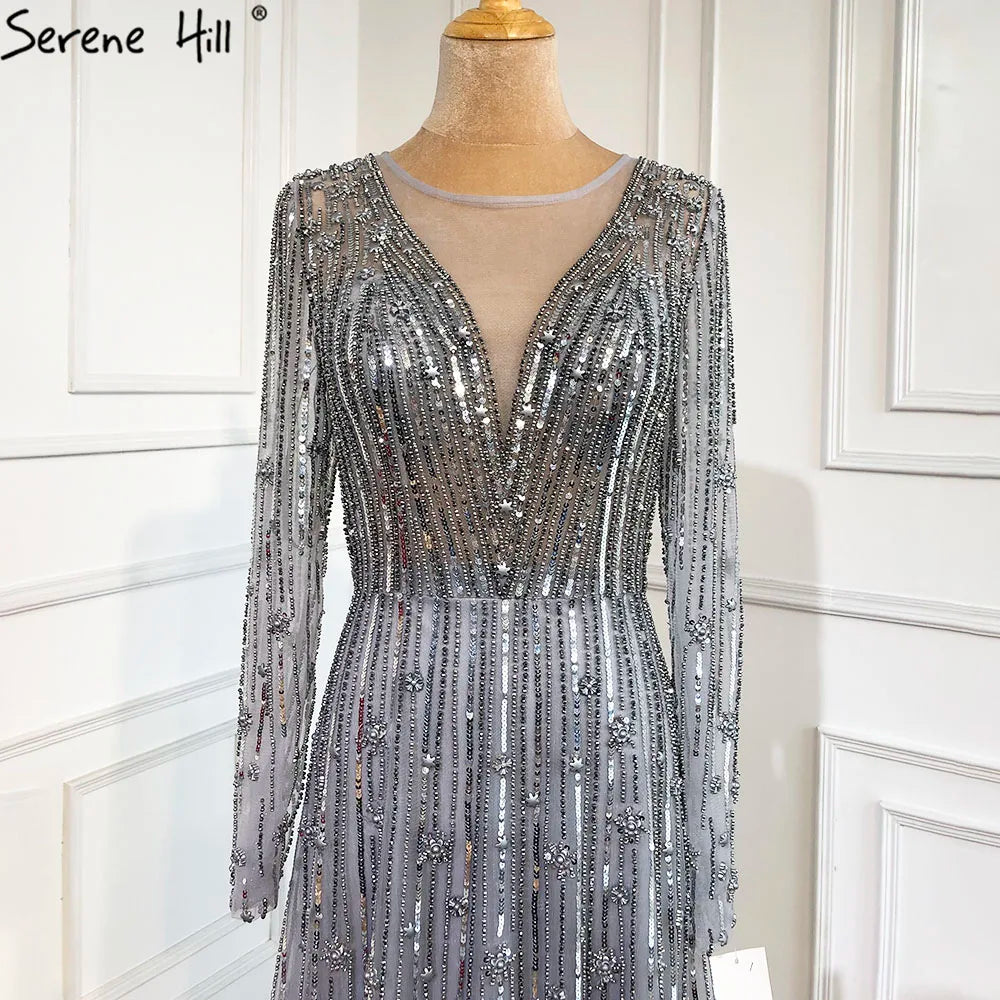 Serene Hill Muslim Gold A-Line Luxury Evening Dresses Gowns 2022 Sparkle Beaded Long Sleeves Sexy For Women Party GLA70674