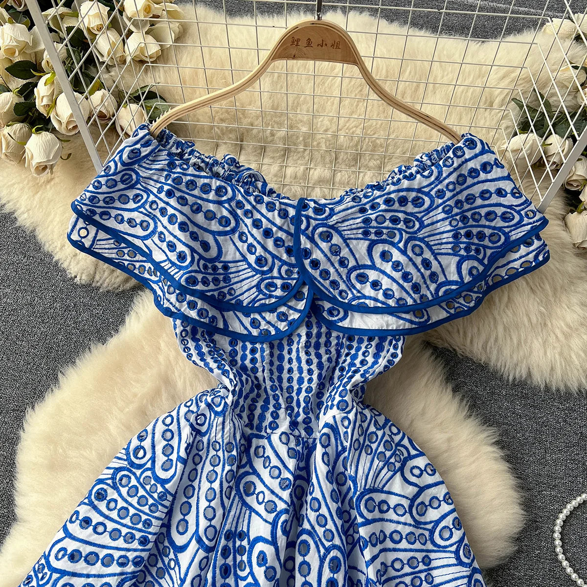 Summer Clothes For Women Ruffle Cutwork Embroidery Dress 2023 Party Sexy Off Shoulder Dress Vacation Mini Beach Dress Sundress