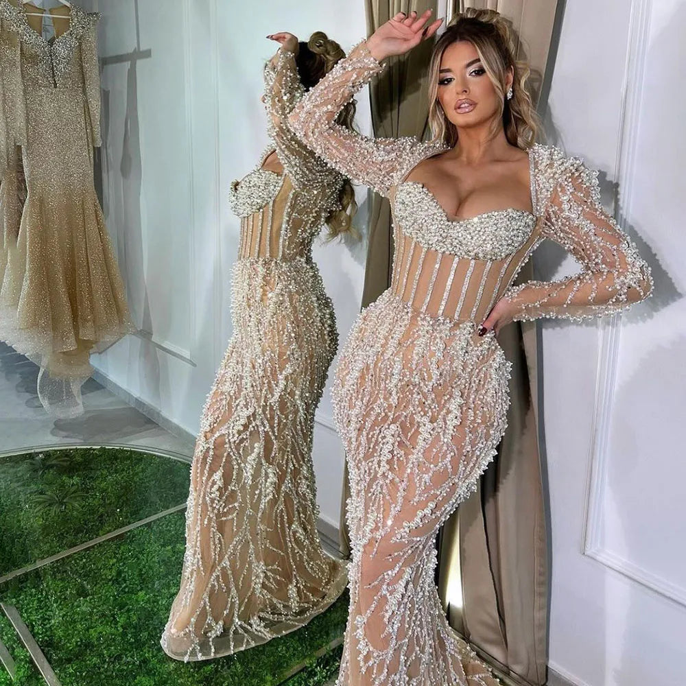 Serene Hill Dubai Luxury Pearls Beaded Nude Elegant Arabic Mermaid Evening Dress for Women - Wedding Party 2024 LA72361
