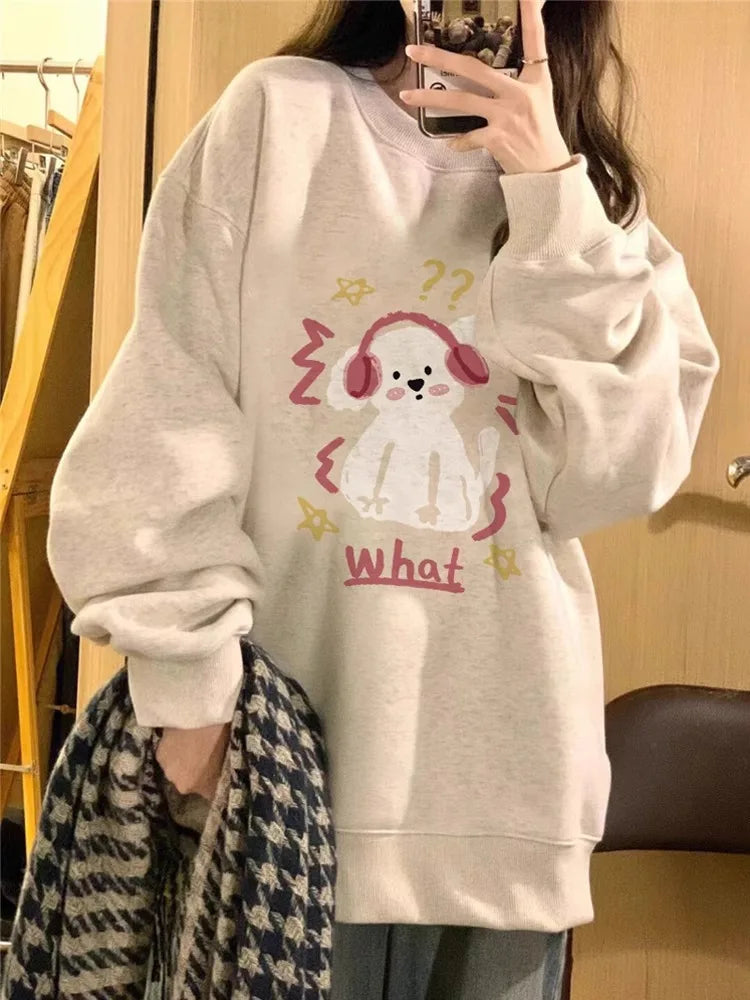 2024 Spring Autumn New Couple Top Unisex Thickened Retro Oversize Pullover Cartoon Puppy Print Round Neck Long Sleeves Pullovers