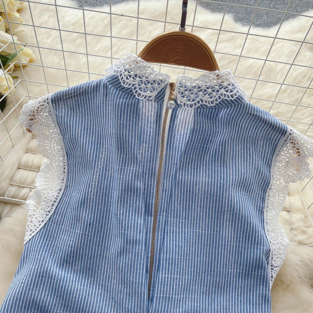 French Elegant Little Flying Sleeve Shirt Top Women's Summer Casual Loose Lace Hook Flower Retro Blue Striped Blouse Tops