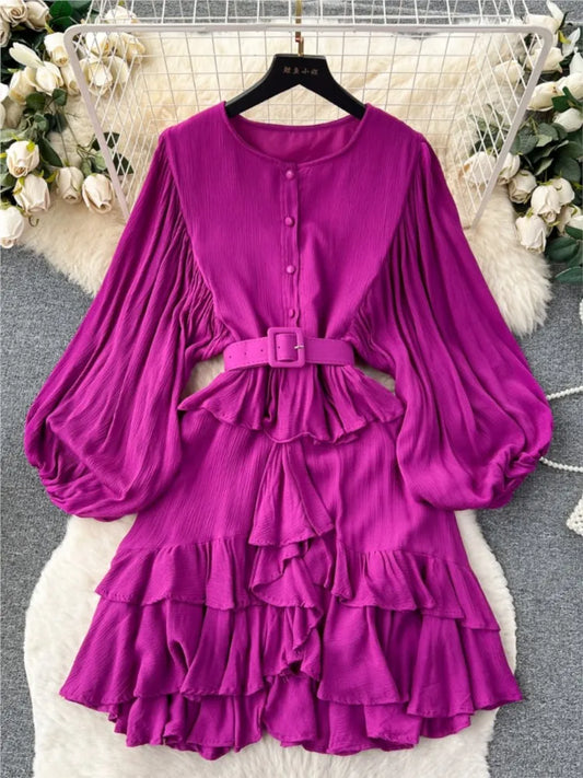Vintage Puff Sleeve Ruffle Dress Women O-Neck A-Line Elegant Casual Party Prom Dresses Korean Autumn Fashion Female Vestidos New