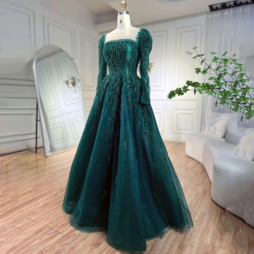 Serene Hill Muslim Pink A Line Beaded Luxury Dubai Long Evening Dresses Gowns 2024  For Woman Wedding Party LA71915