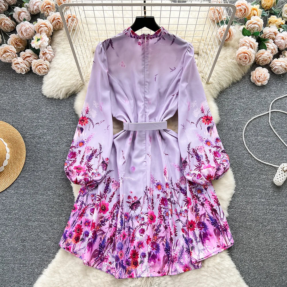 Spring Dresses 2024 Women Clothing Long Sleeve Party Elegant Dress With Belt Stand Collar Vintage Floral Print Holiday Dress