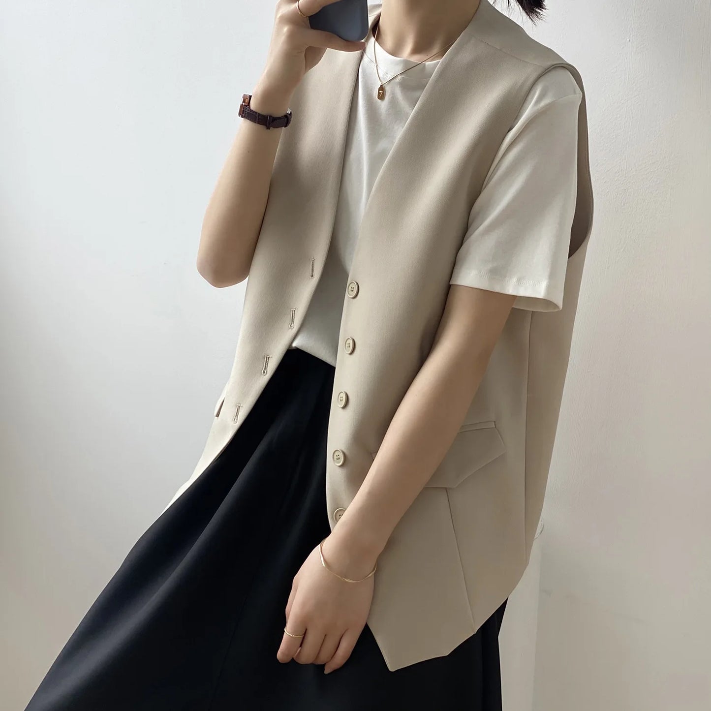 Women V-neck Suit Vest Spring Autumn New Korean Version Fashionable Sleeveless Jacket Trendy Casual Single Breasted Waistcoat