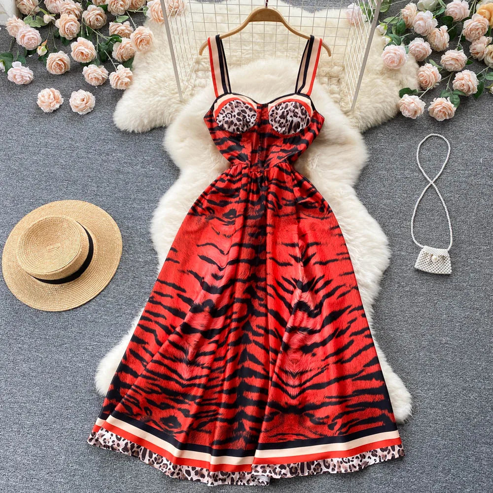 Women Vintage Party Dress Summer Leopard Print Three-dimensional Midi Dresses Ladies Elegant A Line High Waist Long Robe