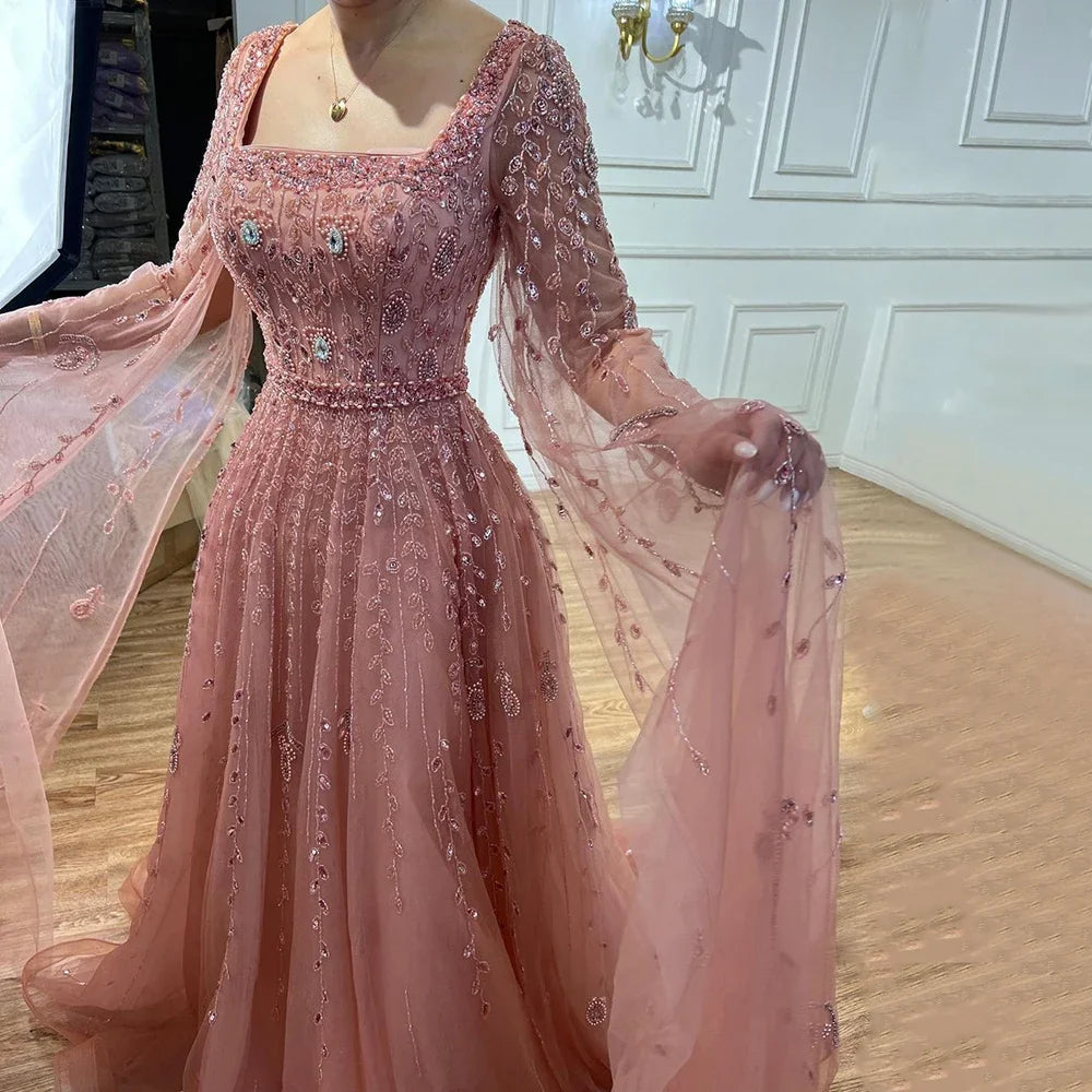 Serene Hill 2024 Muslim Pink A Line Beaded Elegant Cape Sleeve Luxury Evening Dresses Gowns For Women Wedding Party LA71803A