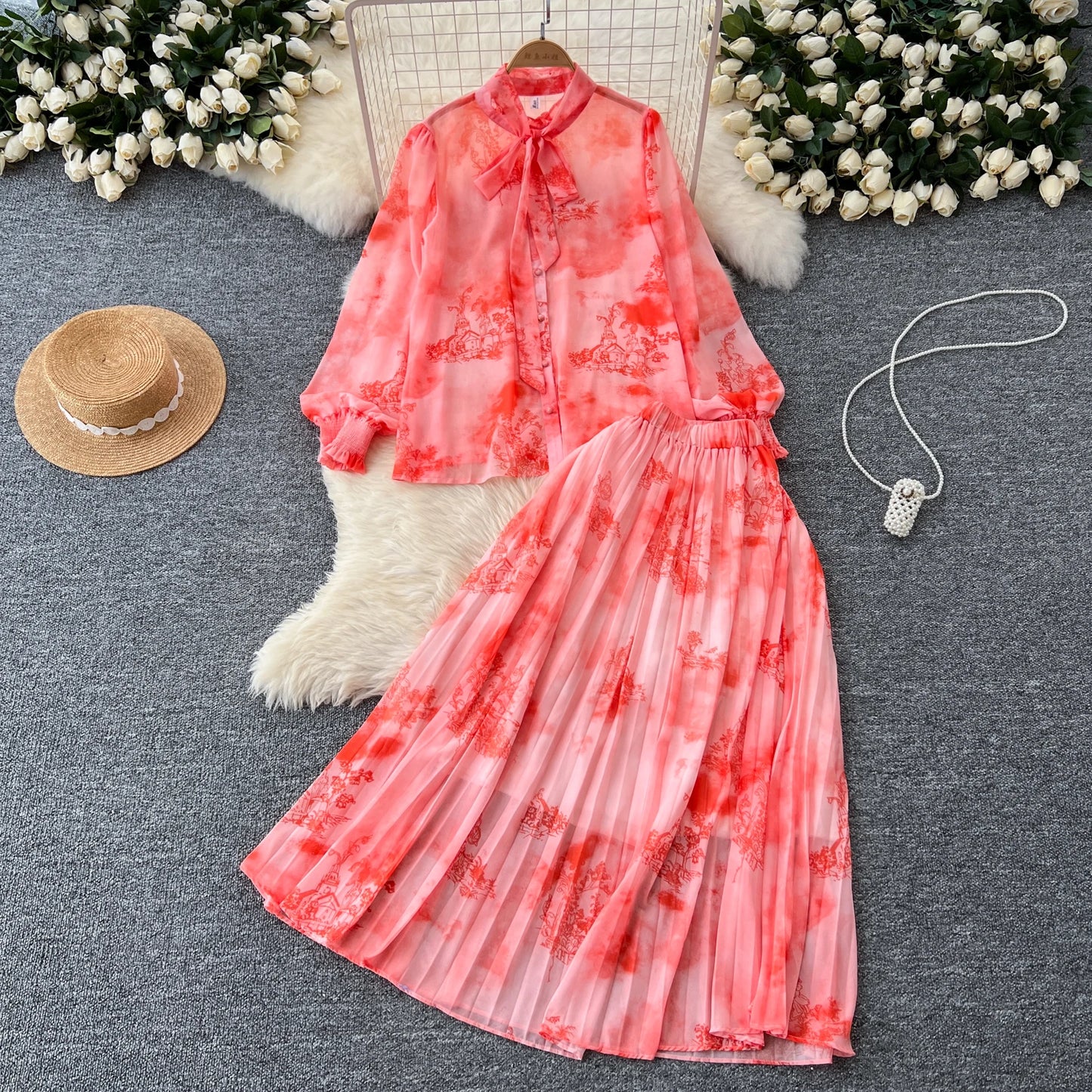 Women Chic Print Sweet Two Pieces Sets Bow Lantern Long Sleeve Top  High Waitst Wide Skirt Fashion Summer Sets