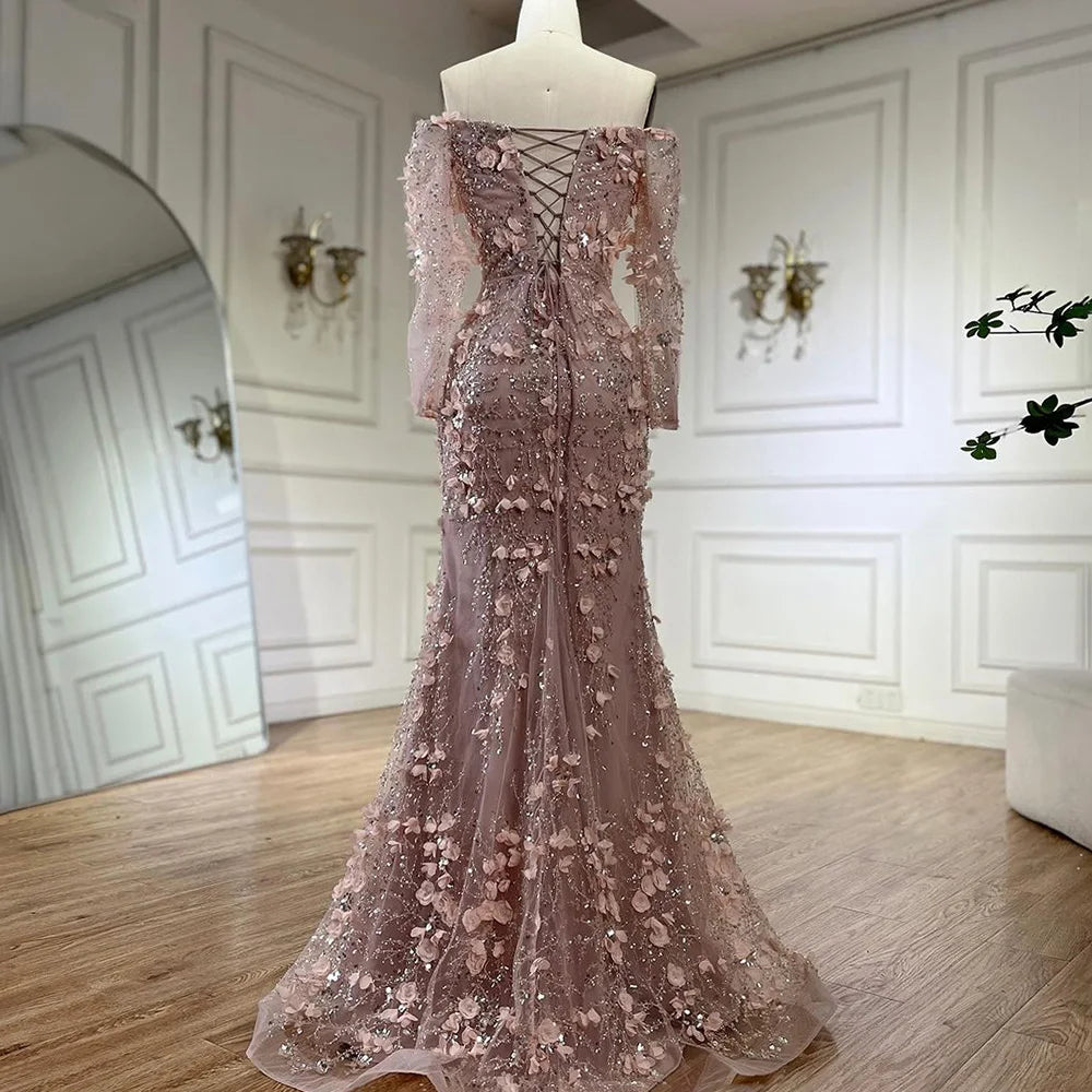 Serene Hill 2024 Pink Strapless Back Lace-Up Mermaid Evening Gown with Overskirt and Appliques for Women | Wedding Party LA72641