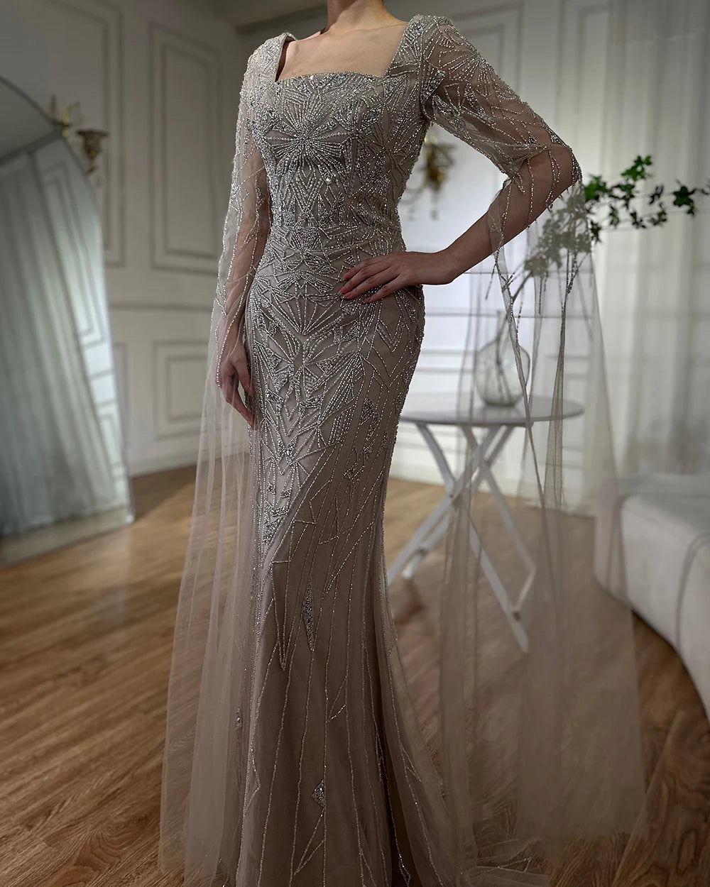 Serene Hill 2024 Arabic Nued Cape Sleeves Mermaid Saudi Evening Dresses Beaded Luxury Party Gowns for Formal Occasion LA72261B