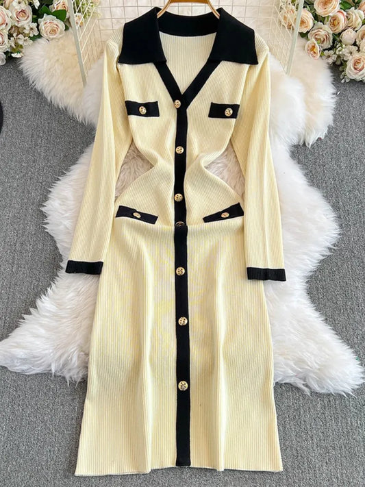 Elegant Women Fashion Casual Bodycon Knitted Dress Vintage Single Breasted Party Birthday Prom Vestidos Female Clothes Long Robe