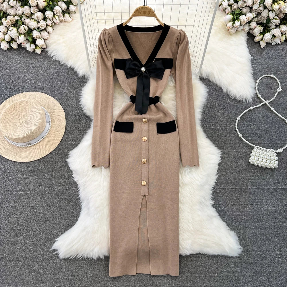 Women Elegant Butterfly Long Sleeve Bodycon V Neck Split Dress Vintage French Slim Knit Tight Vestido Autumn Winter Sweater Robe