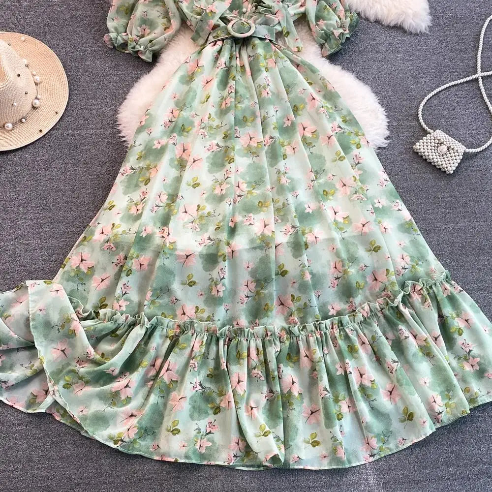 Summer Women Fashion Floral Print Casual Midi Dress Short Sleeve A-Line Maxi Boho Holiday Clothes Female Long Robe Mujers New