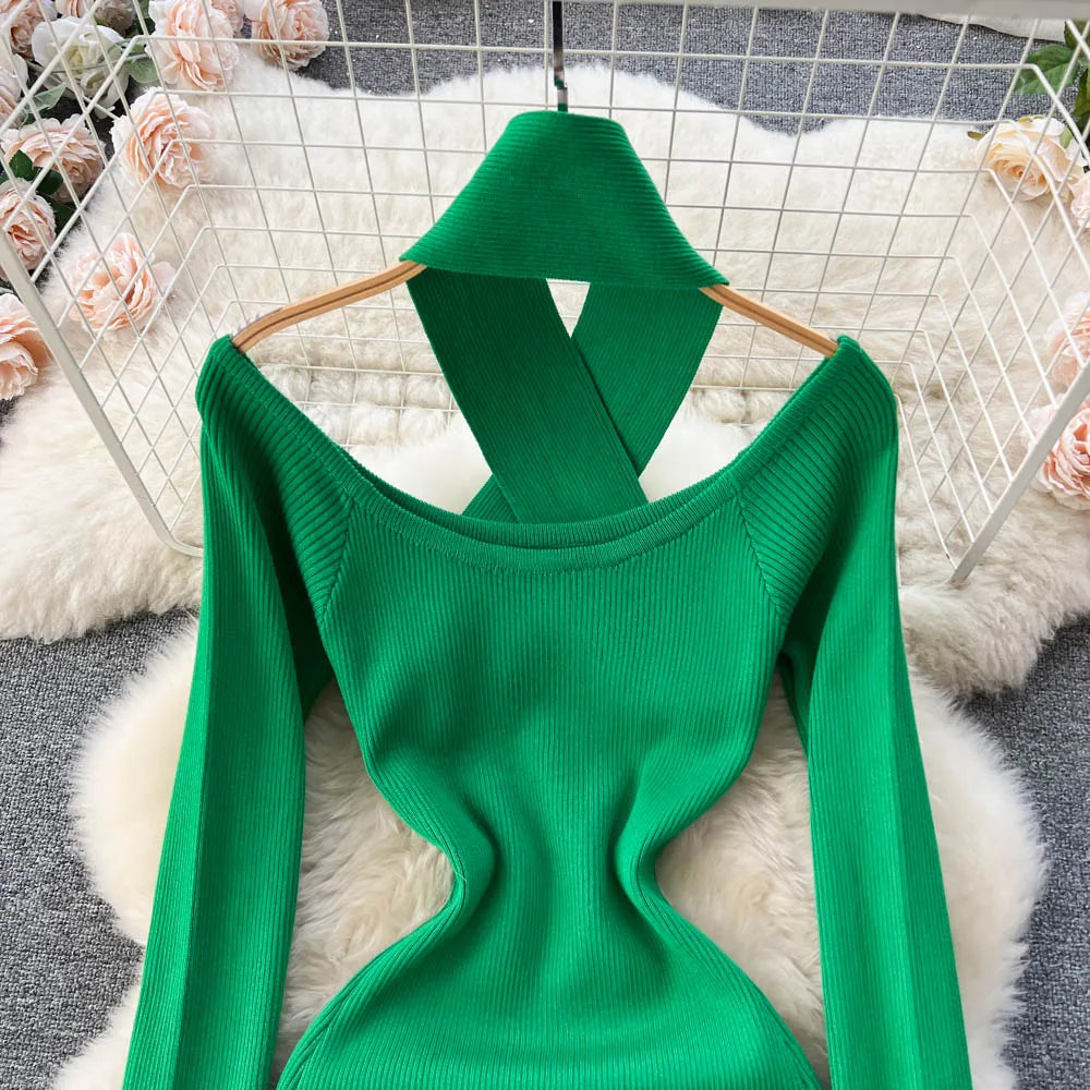 Chic Sexy Criss-cross Halter Elegant Pencil Dress Fashion Slim Knit Long Sleeve Birthday Party Vestidos Women Autumn Winter Robe