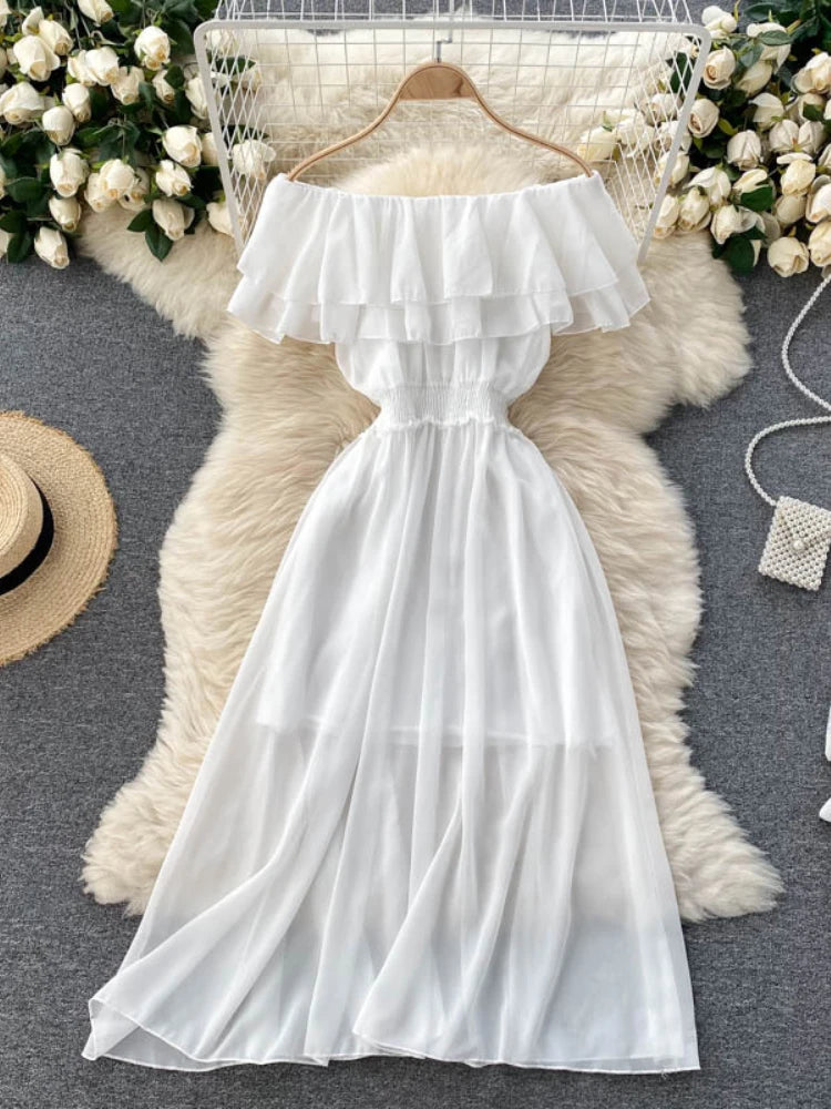 Women Chiffon Beach Dress Sexy Double Layer Ruffled Off The Shoulder Boho Dresses Ladies Sweet Slash Neck Long Dress