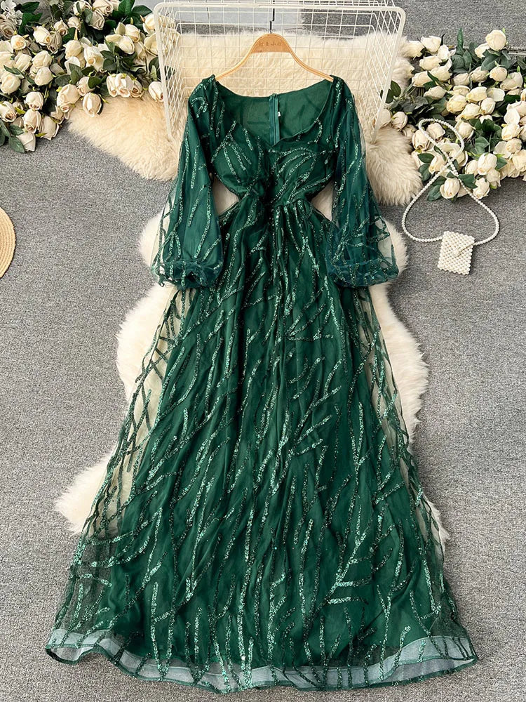 EWQ Bronzing Mesh V-neck Contrast Color High Waist A-line Vestidos Sweet Style Women's Dress Winter Spring 2024 New 27SN5497