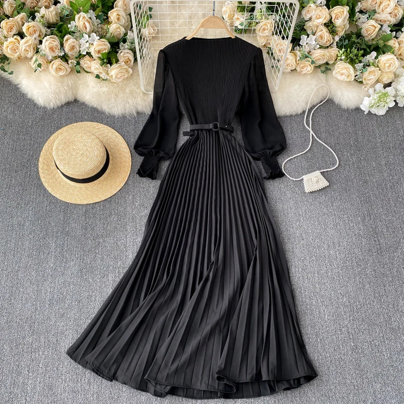 Chic Pleated Elegant Puff Sleeve Dress A-line Chiffon High Waist Belt Beach Vacation Party Dress Women Summer Spring Vestidos