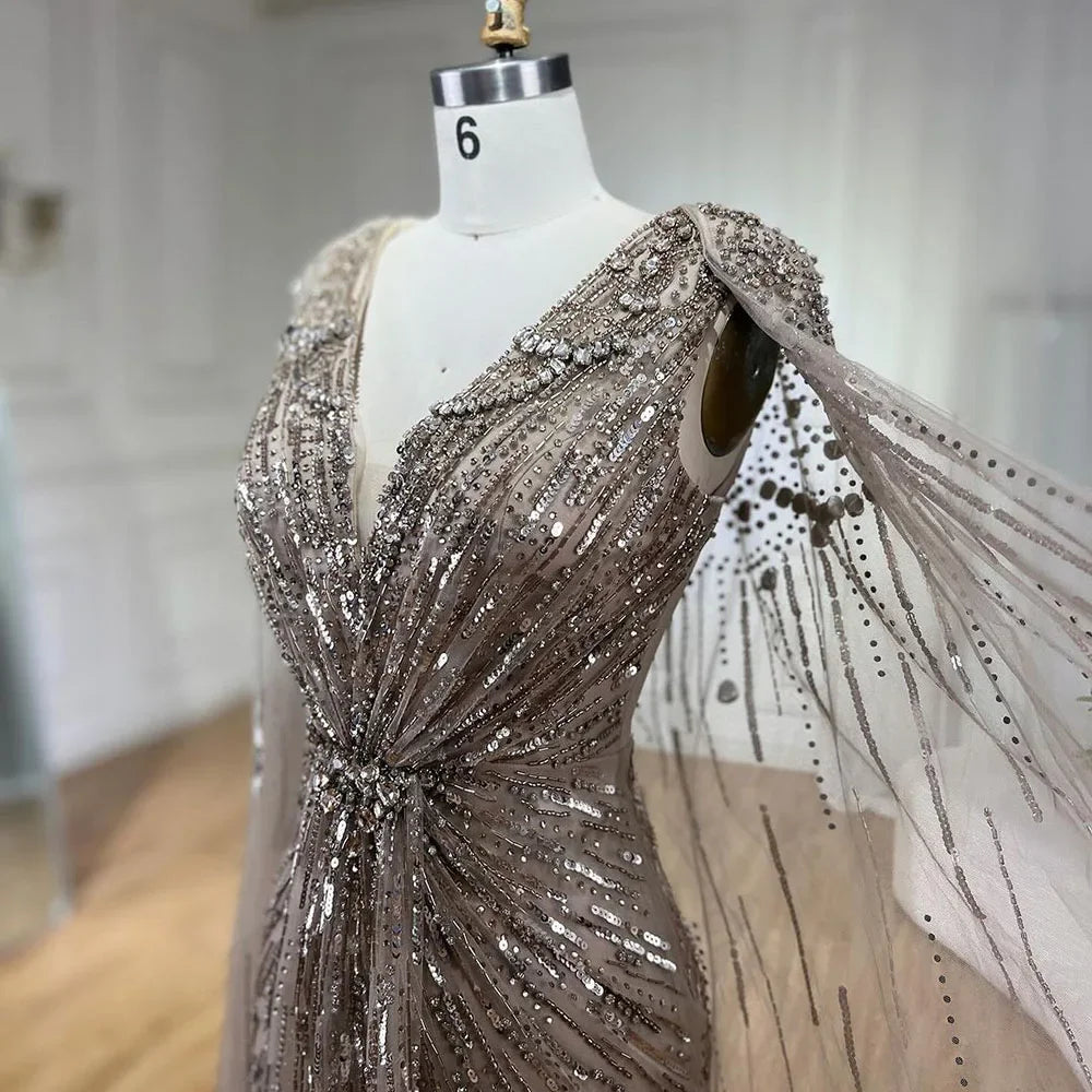 Serene Hill Turquoise Mermaid Evening Dresses Gowns 2024 with Beaded Cape Sleeves Design for Women's Wedding Party BLA72168A