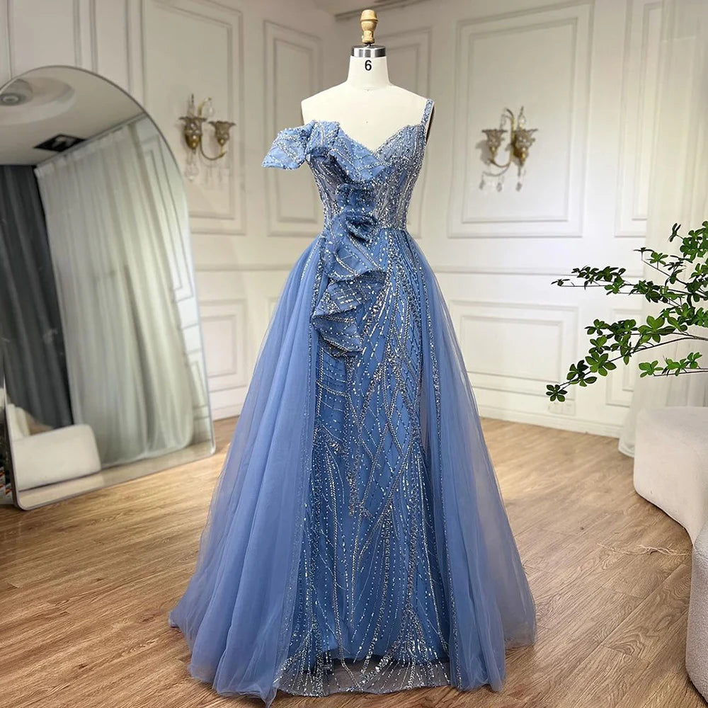 Serene Hill Golden Mermaid Evening Dress With Skirt - Women's Luxury Grey Beaded Spaghetti Strap Party 2024, LA72341