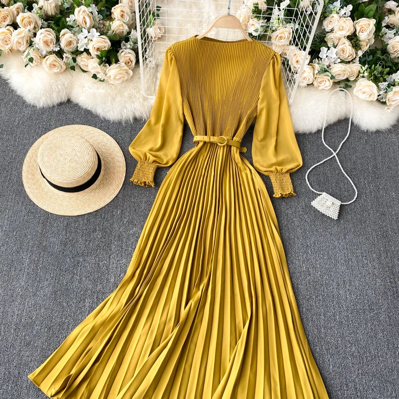 Chic Pleated Elegant Puff Sleeve Dress A-line Chiffon High Waist Belt Beach Vacation Party Dress Women Summer Spring Vestidos