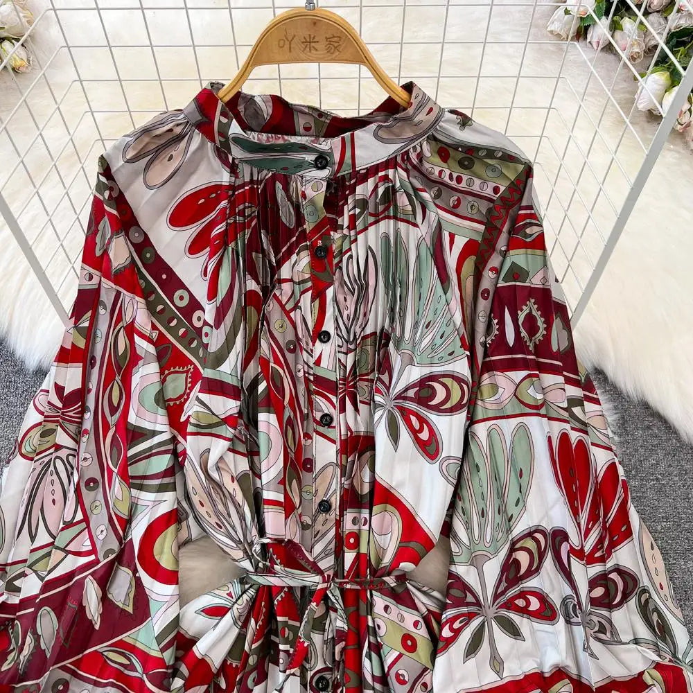 Elegant Women Casual Floral Print Party Dress Vintage Lantern Sleeve A-Line Pleated Prom Birthday Clothes Female Fashion Robe