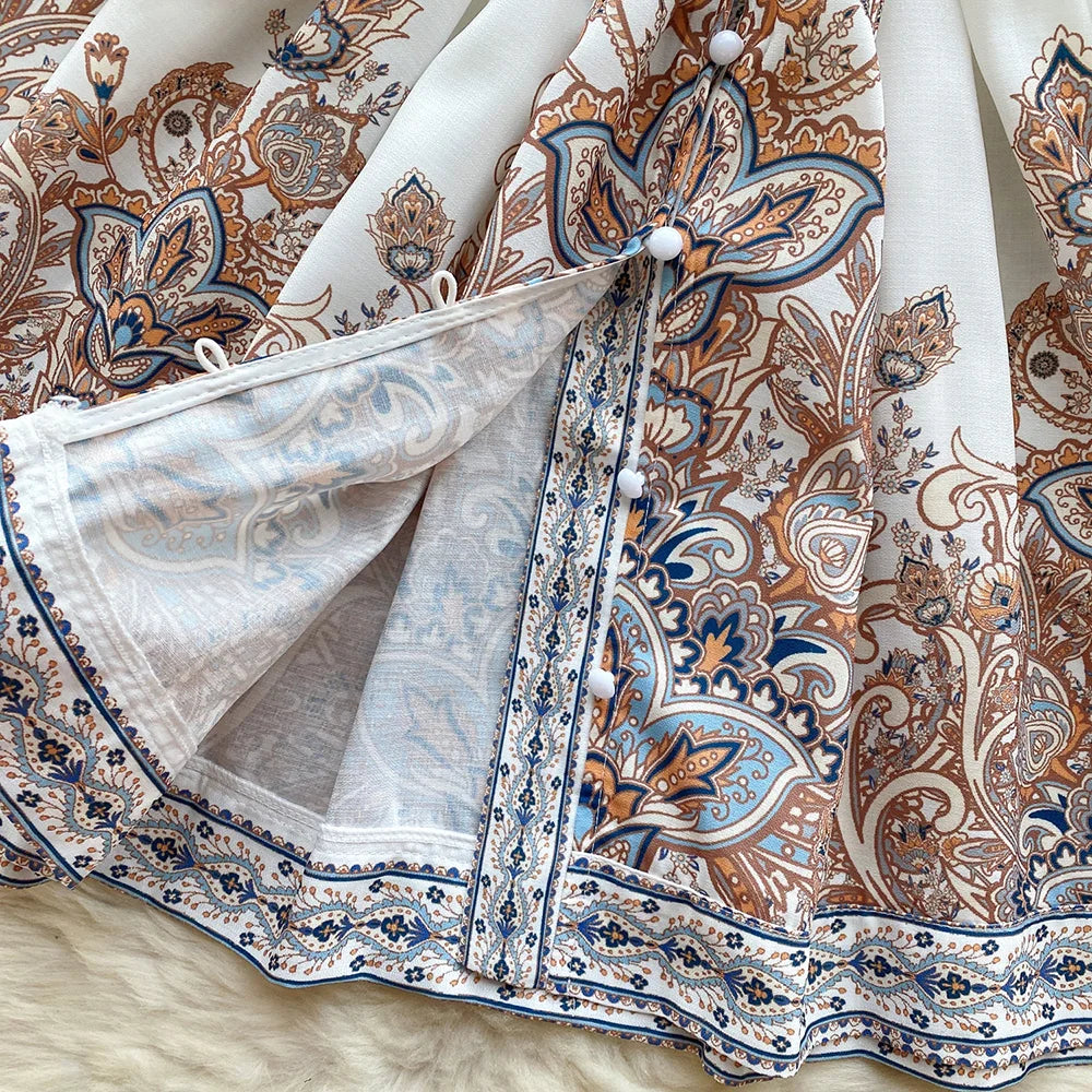 Holiday Dress For Women 2024 Bohemian Vintage Paisley Print Dress Spring 3/4 Sleeve V Neck Elegant Party Short Dresses With Belt