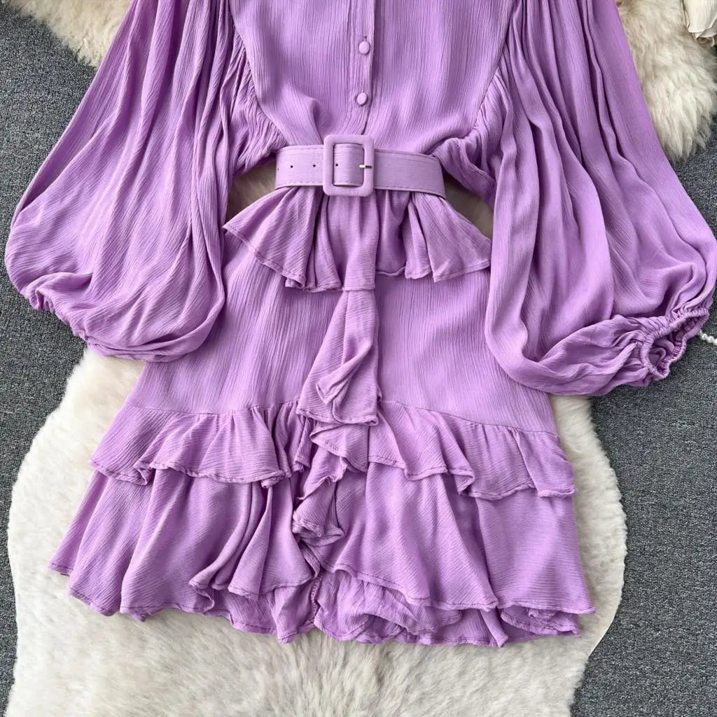 Vintage Puff Sleeve Ruffle Dress Women O-Neck A-Line Elegant Casual Party Prom Dresses Korean Autumn Fashion Female Vestidos New