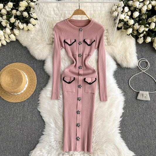Women Elegant Chic Long Sleeve Sexy Slim Bodycon Dress Vintage Korean Fashion Knit Tight Vestido Autumn Winter Sweater Robe