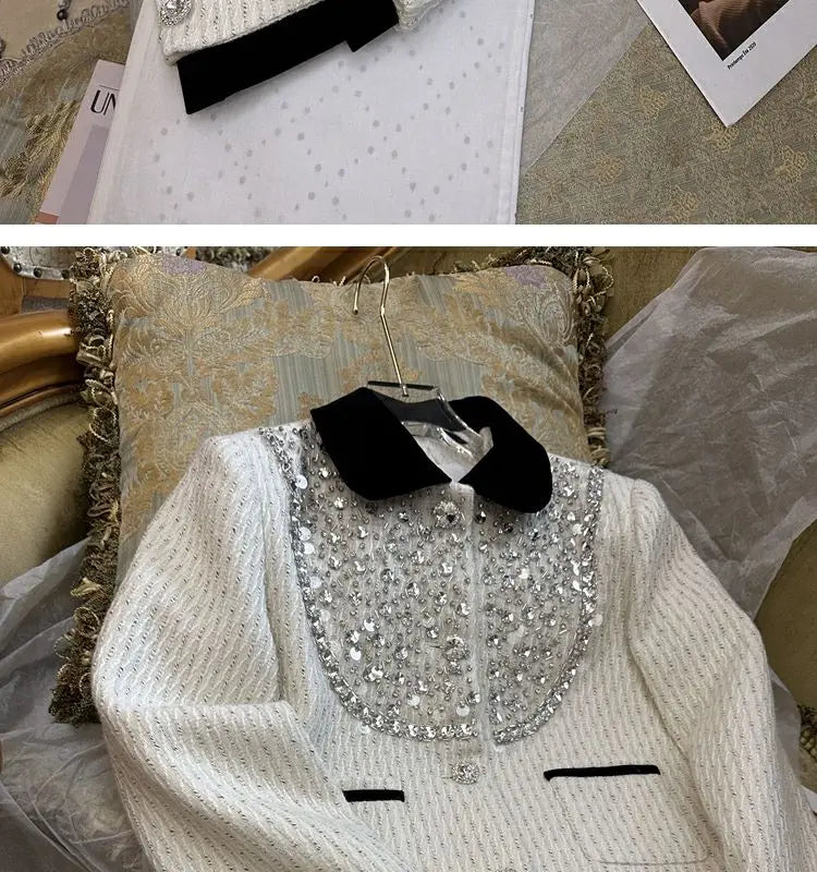Spring Rhinestone Decoration Tweed Jacket for Women Exquisite Elegant Female Sequin Coat Autumn Trendy Commuter Crop Outerwear
