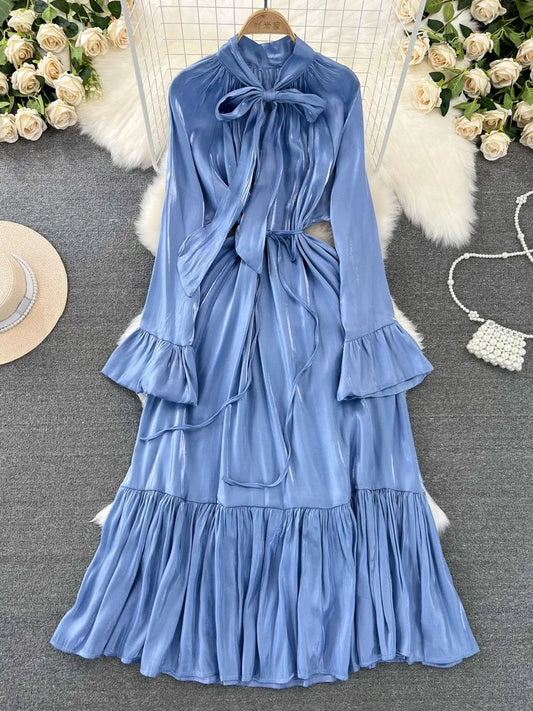 Elegant and Chic Solid Evening Dresses for Women Fashion New Bow Lace Up Flare Long Sleeve A-Line Vestidos Autumn Female Clothes