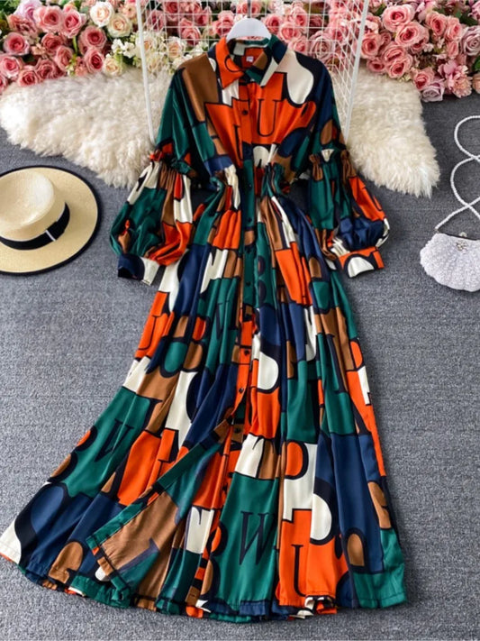 Vintage Women Casual Print Long Party Shirts Dress Elegant Single Breasted A-Line Prom Birthday Clothes Female Fashion Robe New