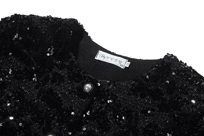 Women's Autumn and Winter Black Small Fragrance Coarse Tweed Elegant Short Coat French Heavy Industry Sequin Decorative Jackets