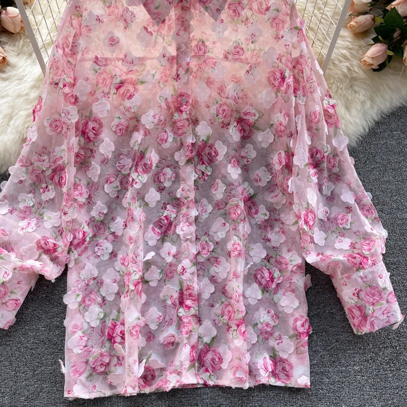 Clothland Sweet Appliqued Floral Blouse Suit Two Piece Pink Set Long Sleeve Shirts Mini Shorts Spring Set TZ228