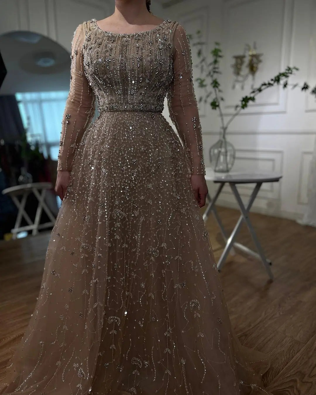 SERENE HILL Dubai Arabic Nude Designer Luxury Beaded Evening Dresses 2024 Long Sleeves Gowns For Women Wedding Party GLA72088