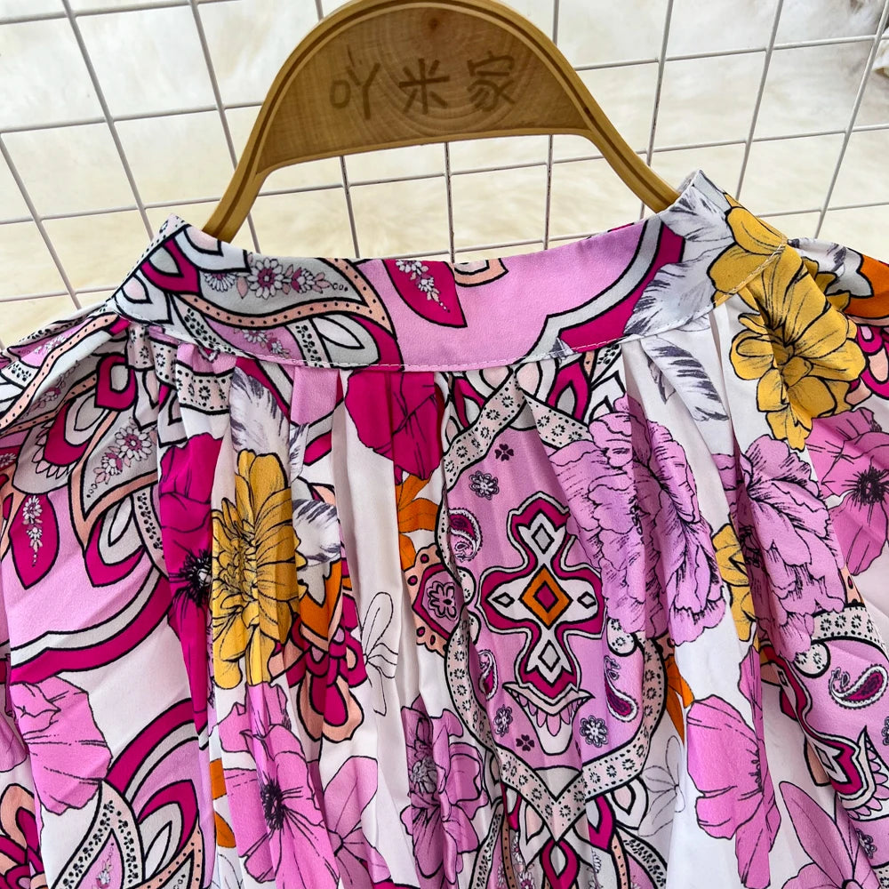 Elegant Women Casual Floral Print Party Dress Vintage Lantern Sleeve A-Line Pleated Prom Birthday Clothes Female Fashion Robe